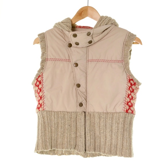 Free People Contrasting Fair Isle Knit Hooded Tan Red Puffer Vest Womens S Cozy - Picture 1 of 4